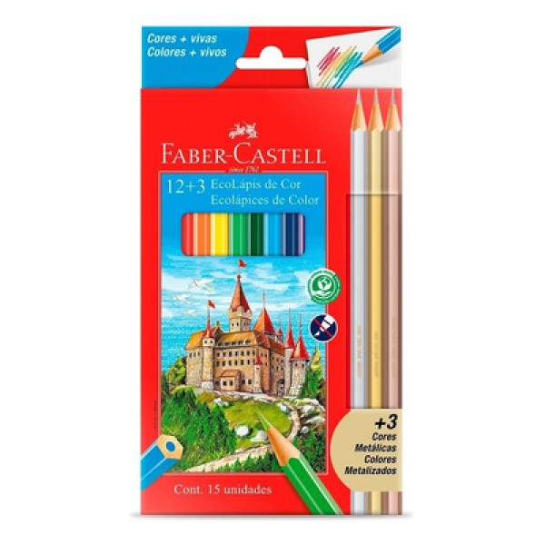 Encontraproduto.com.br - Lápis de Cor 12 Cores + 3 Metálicos - Faber Castell