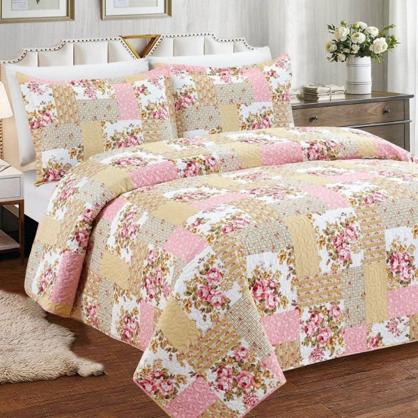 Encontraproduto.com.br - Kit Cobre Leito Queen Realce Patchwork + 2 Porta Travesseiros Julia Bege