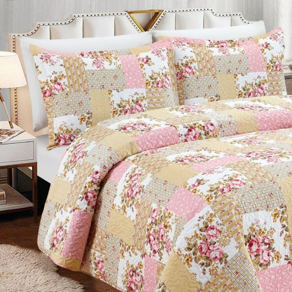 Encontraproduto.com.br - Kit Cobre Leito Queen Realce Patchwork + 2 Porta Travesseiros Julia Bege