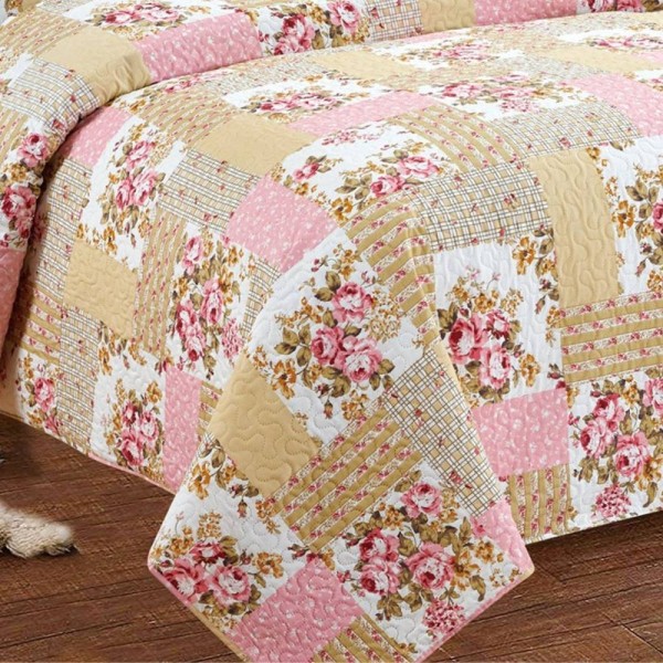 Encontraproduto.com.br - Kit Cobre Leito Queen Realce Patchwork + 2 Porta Travesseiros Julia Bege