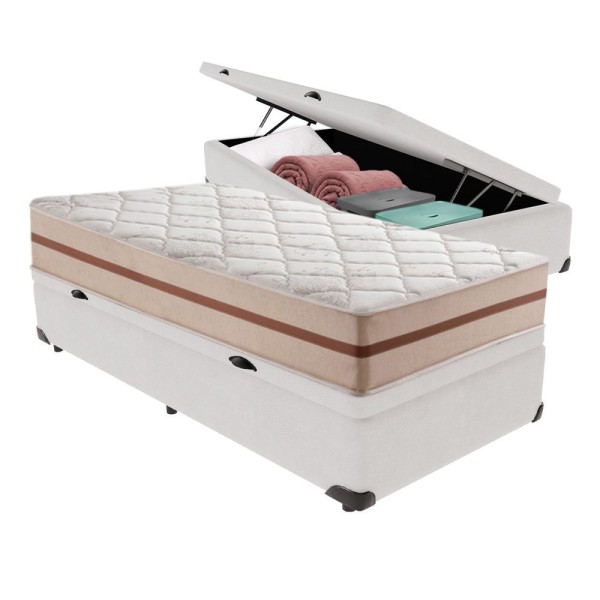 Encontraproduto.com.br - Cama Box Com Baú Branco E Colchão Solteiro Classic Anjos