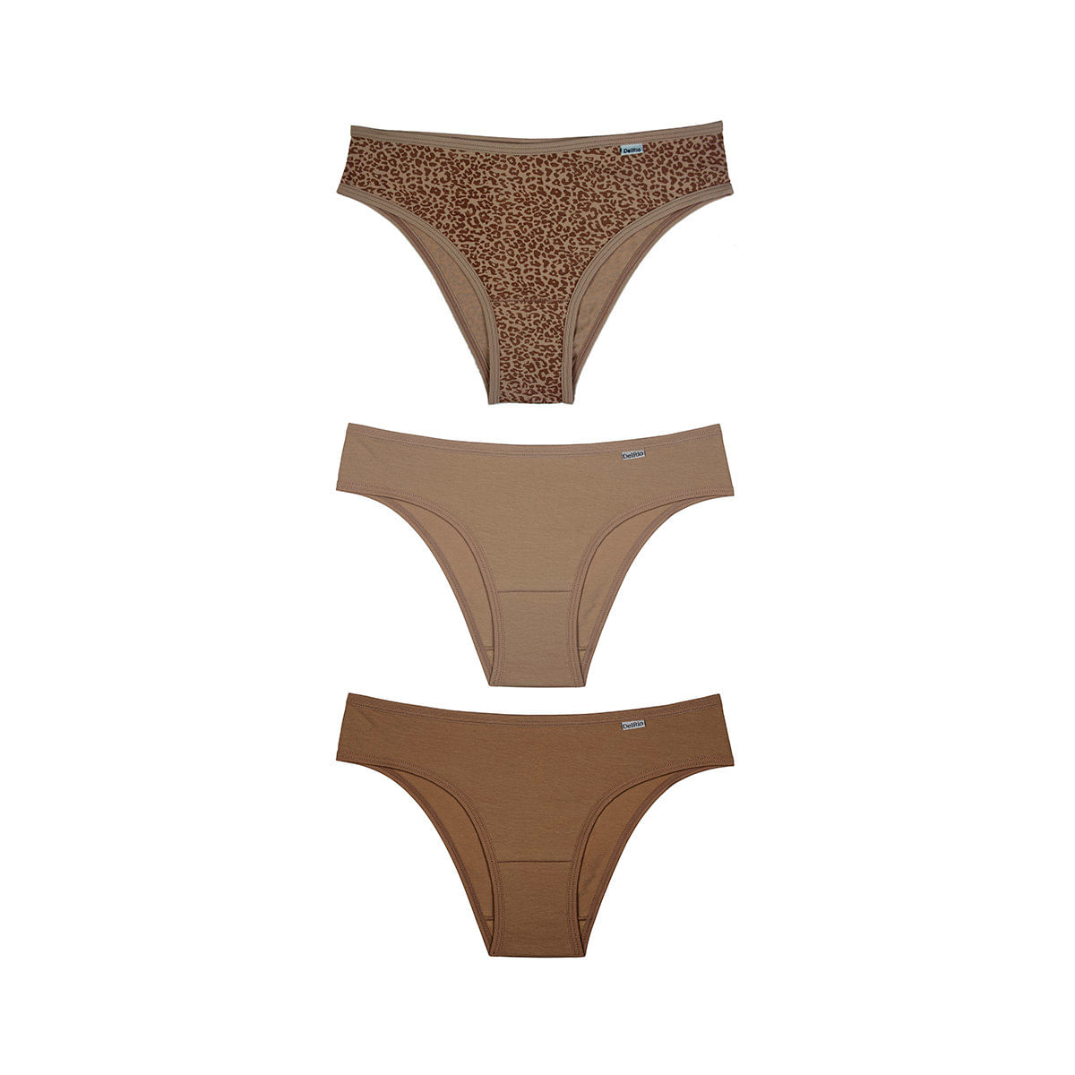 Encontraproduto.com.br - Calcinha Cintura Baixa Oncinha, Mousse e Cappuccino Tam. M Poliamida DelRio com 3 peças