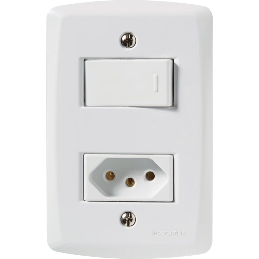 Encontraproduto.com.br - Conjunto Interruptor/Tomada Lux2 1 Simples 1 2P+T Branco 10A Tramontina