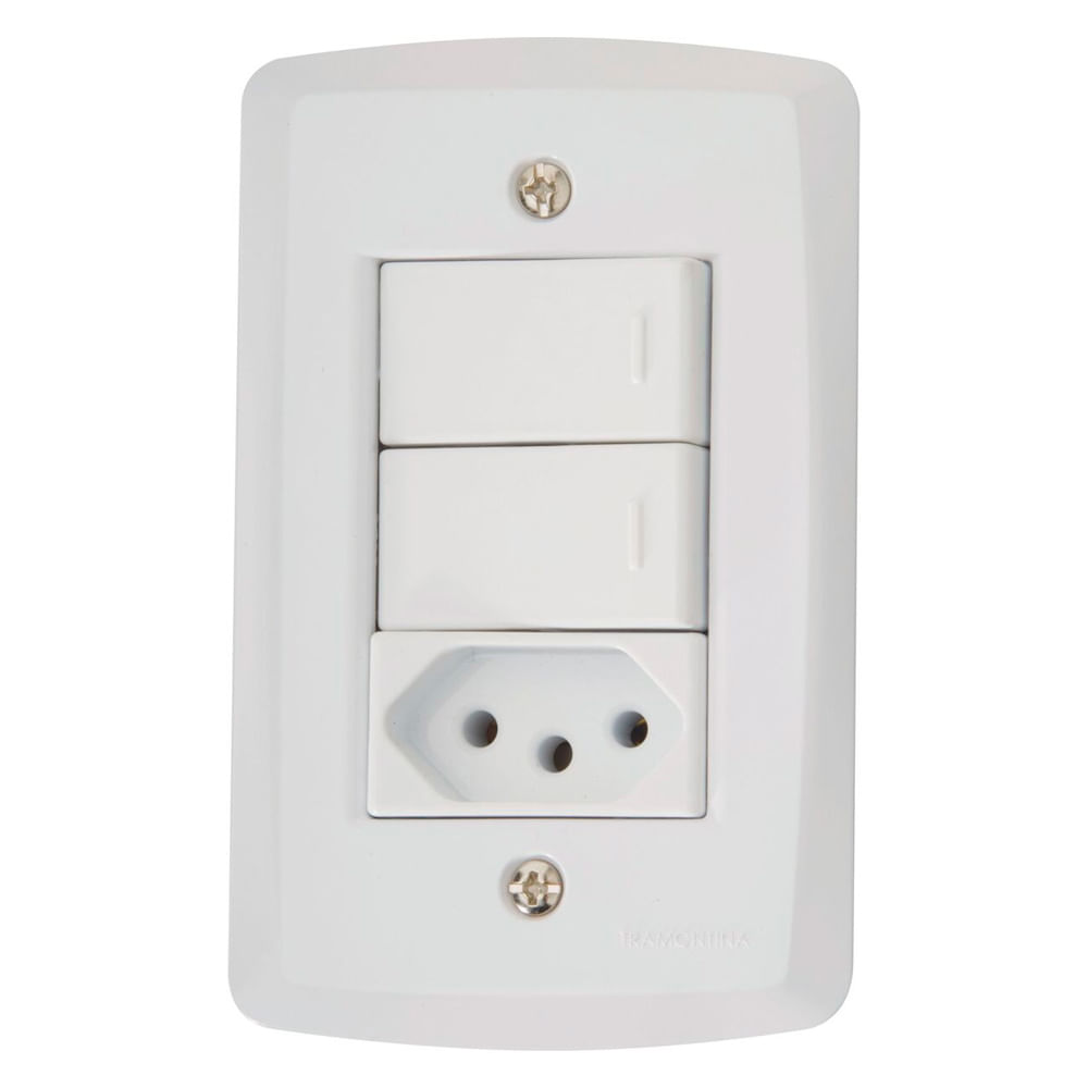 Encontraproduto.com.br - Conjunto 4x2 com 2 Interruptores Simples 10A 250V e 1 Tomada 2P+T 10A 250V Lux2 Branco - 57145073 - Tramontina