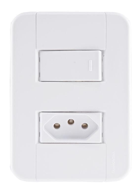 Encontraproduto.com.br - Conjunto Interruptor/Tomada Tablet 1 Simples 1 2P+T Branco 10A Tramontina