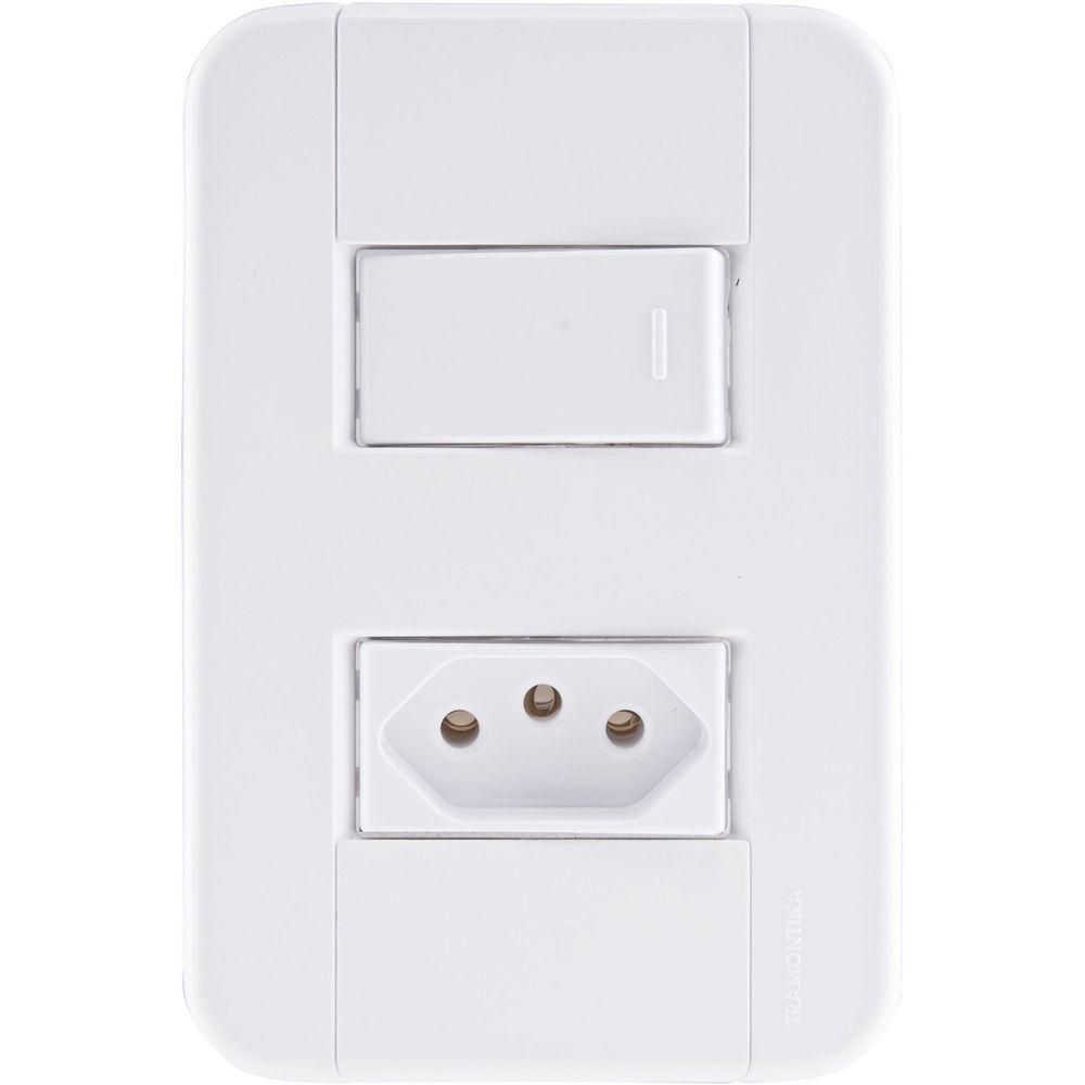 Encontraproduto.com.br - Conjunto Interruptor/Tomada Tablet 1 Simples 1 2P+T Branco 10A Tramontina