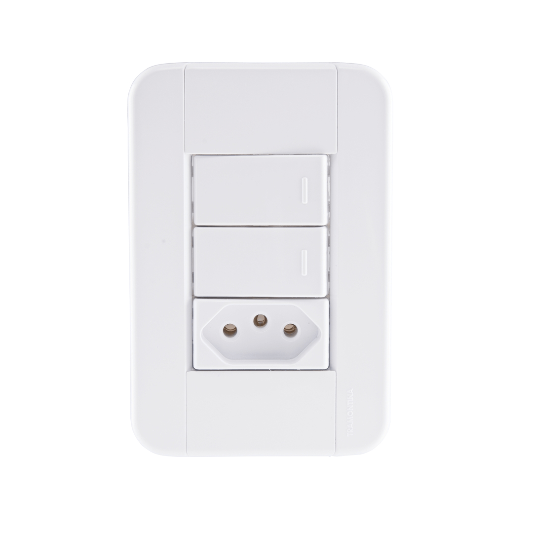 Encontraproduto.com.br - Conjunto Interruptor/Tomada Tablet 2 Simples 1 2P+T Branco 10A Tramontina