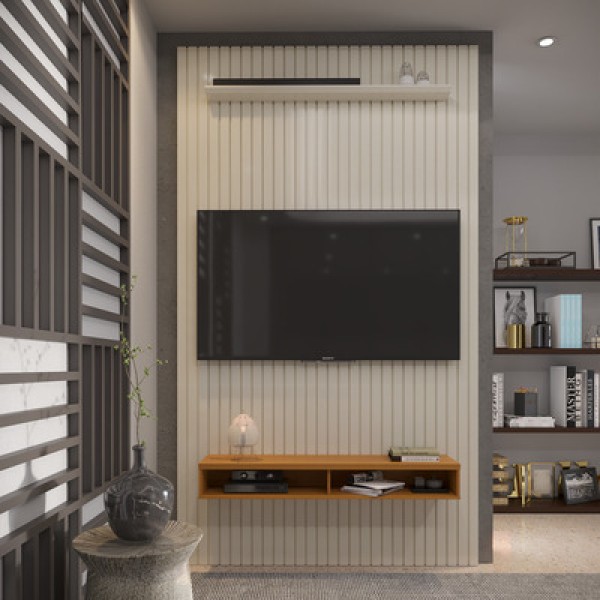 Encontraproduto.com.br - Painel Ripado Para Tv Até 55 Polegadas Intense Com Nicho 139cm Cor:off White/cedro Off White/cedro