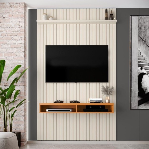 Encontraproduto.com.br - Painel Ripado Para Tv Até 55 Polegadas Intense Com Nicho 139cm Cor:off White/cedro Off White/cedro