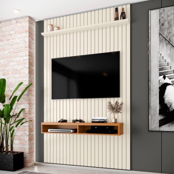 Encontraproduto.com.br - Painel Ripado Para Tv Até 55 Polegadas Intense Com Nicho 139cm Cor:off White/cedro Off White/cedro