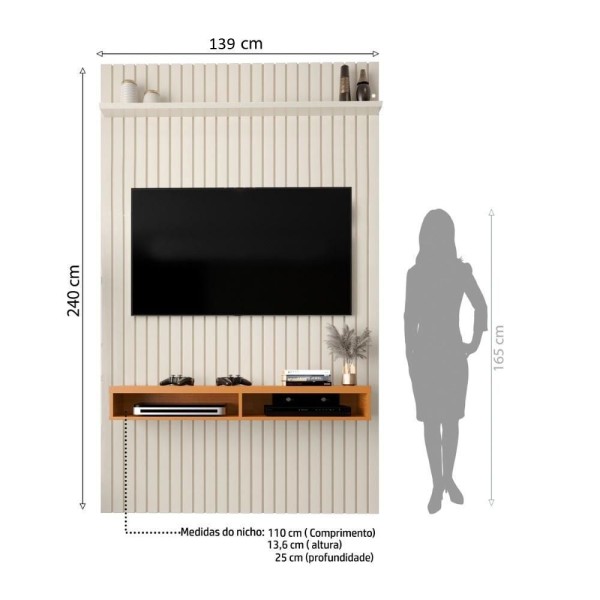 Encontraproduto.com.br - Painel Ripado Para Tv Até 55 Polegadas Intense Com Nicho 139cm Cor:off White/cedro Off White/cedro