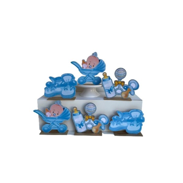 Kit Display De Mesa 6 Peças Para Festa Chá De Bebê Azul Mdf
