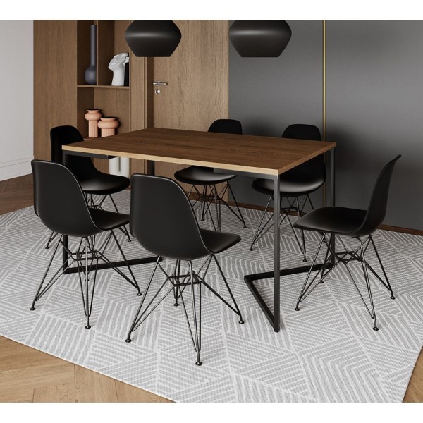 Mesa Industrial Jantar Retangular 137X90Cm Amêndoa Base V Com 6 Cadeiras Pretas Ferro P Amendoa