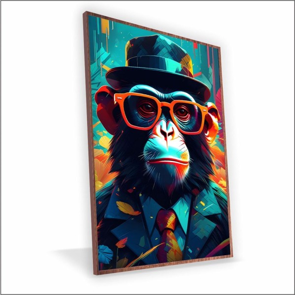 Quadro Macaco De Chapéu Vinil Sem Vidro Tamanho Moldura 150x100 Caixa Madeira