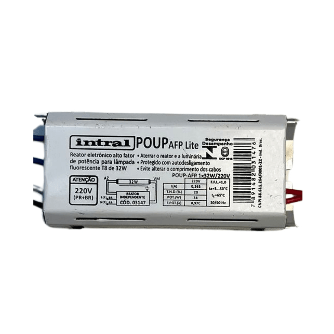 Reator Eletronico Alto Fator de Potêcia T-8 1X32 220V para Lâmpadasfluorescentes - 03147- Intral