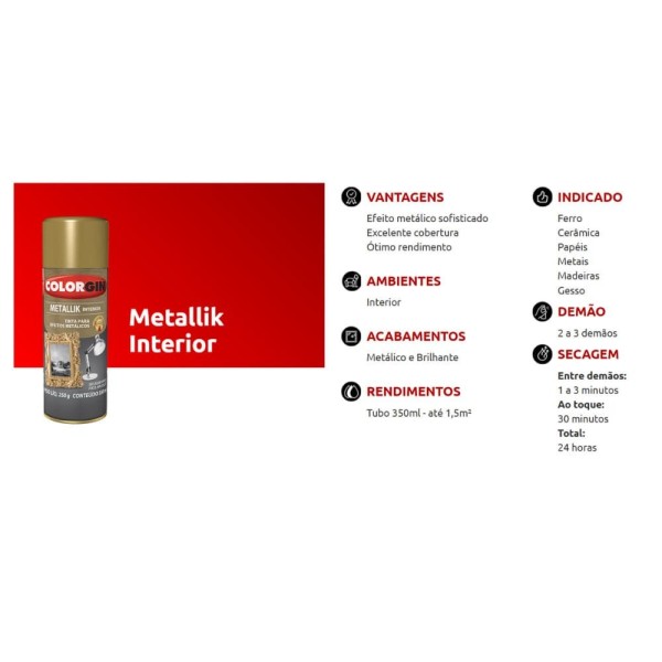 Encontraproduto.com.br - Tinta Metalik Uso Interno Colorgin Spray Ouro 350ML