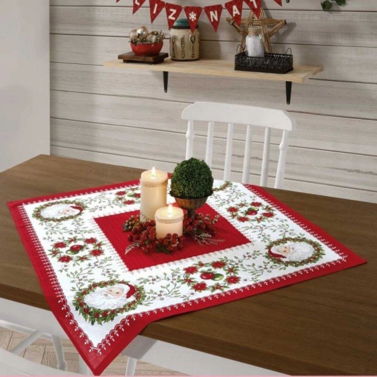 Encontraproduto.com.br - Toalha de Chá para Mesa Papai Noel Quadrada Algodão 78x78 cm Dohler Natal 91 Vermelha e Branca