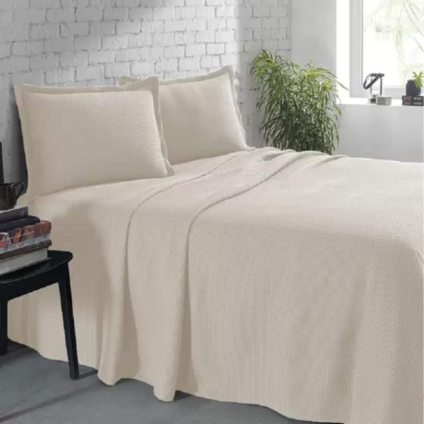 Encontraproduto.com.br - Colcha Piquet Lisa Queen + 02 Porta Travesseiros Marfim