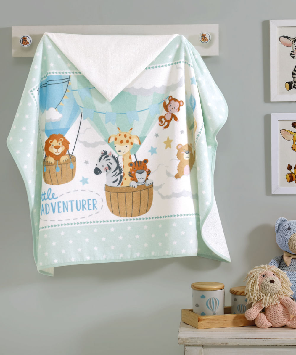 Encontraproduto.com.br - Toalha de Banho Bebê Döhler Velour Estampado com Capuz Little Adventurer 90cm x 70cm
