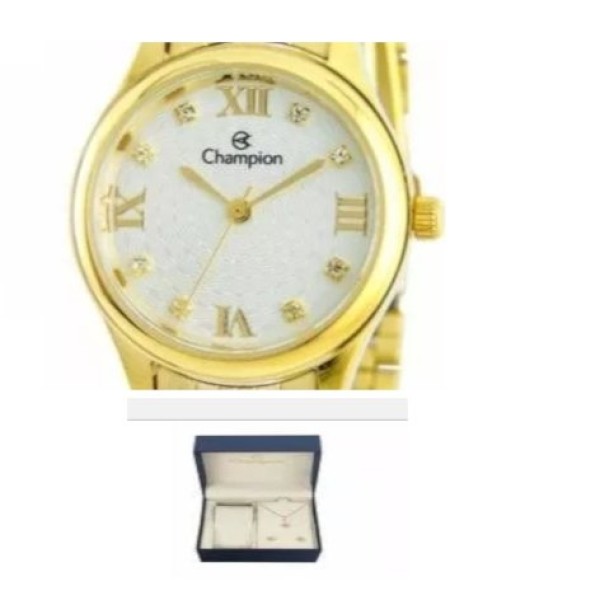 Encontraproduto.com.br - Relógio Feminino Champion CH24900W Analógico Pulseira de Aço Dourado com Kit