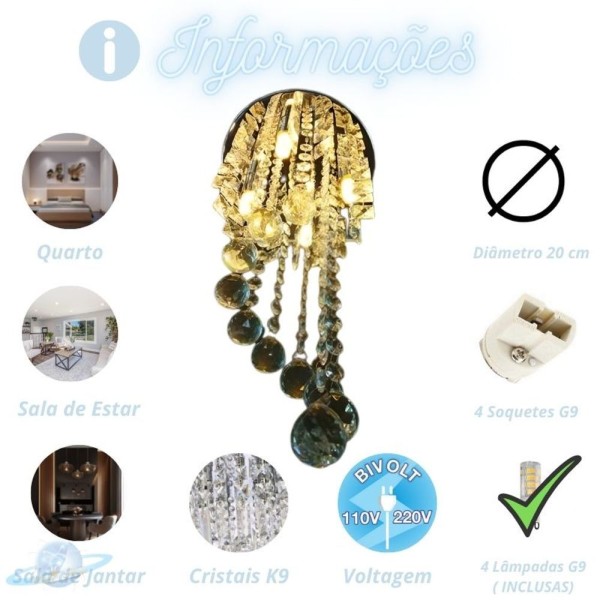 Encontraproduto.com.br - Kit Lustre Cristal Redondo Plafon Redondo 25cm C- Lâmpada G9 5w Bf