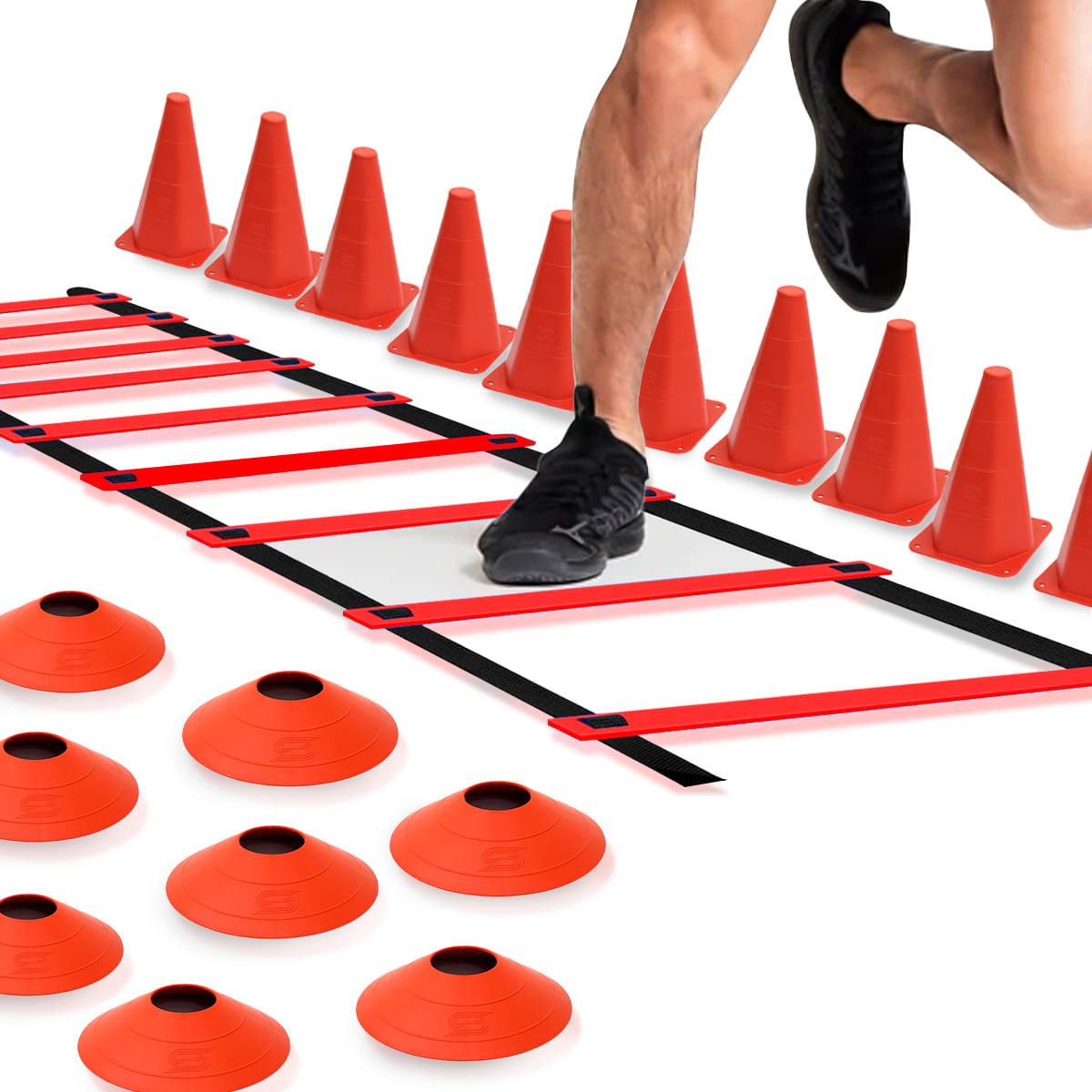 Kit Treino Funcional Agilidade Exercício Em Casa 1 Escada + 10 Chapéus + 10 Cones Futebol - Vermelho
