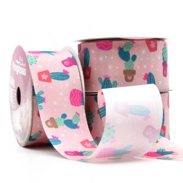 Encontraproduto.com.br - Fita Gorgurão Cactus Fundo Rosa 38mm 10 Metros - Progresso