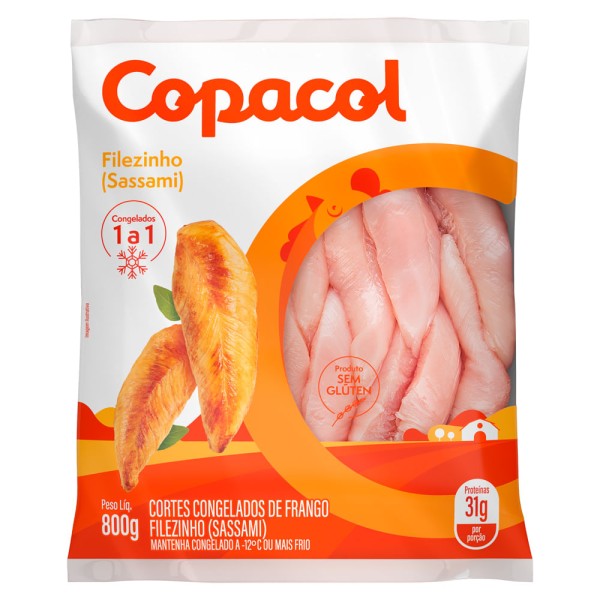 Encontraproduto.com.br - Filezinho de Frango Sassami Congelamento IQF Copacol Pacote 800g