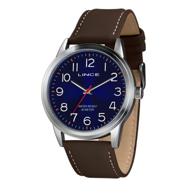 Encontraproduto.com.br - Relogio Lince Masculino Social Analogico Couro Original Cor Da Correia Marrom Cor Do Bisel Prateado Cor Do Fundo Azul