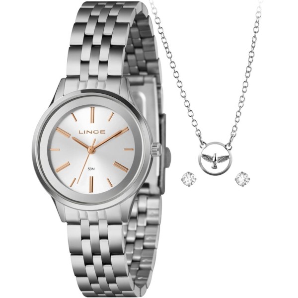 Encontraproduto.com.br - Kit Relógio Feminino Lince Prata LRMH232L30 K0D0S1SX