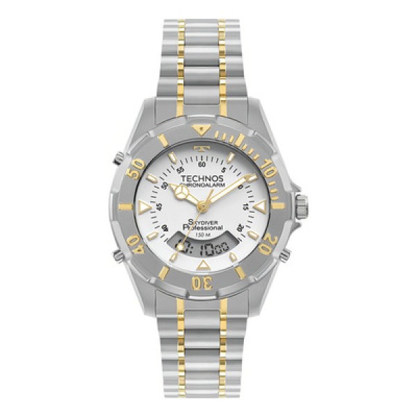 Encontraproduto.com.br - Relógio Technos Performance Masculino Prata e Dourado Anadigi T20557/9B