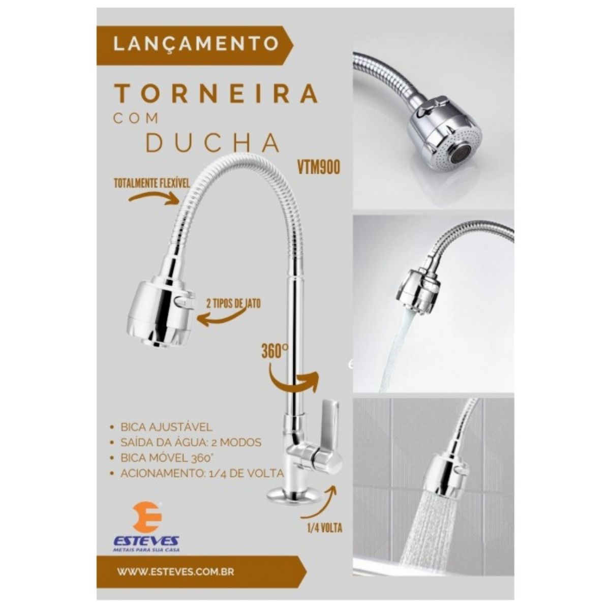 Encontraproduto.com.br - Torneira para Cozinha Mesa 1167 C60 com Ducha Cromada - VTM900CWB - Esteves