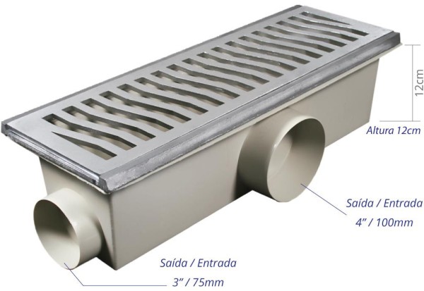 Encontraproduto.com.br - Caixa Coletora com Grelha e Porta Grelha Polida 14x48cm Saída Lateral Costa Navarro