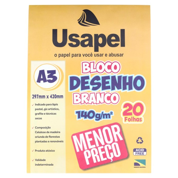 Encontraproduto.com.br - Bloco de Desenho Usapel A3 com 20 Folhas Branco 297x420mm 140g