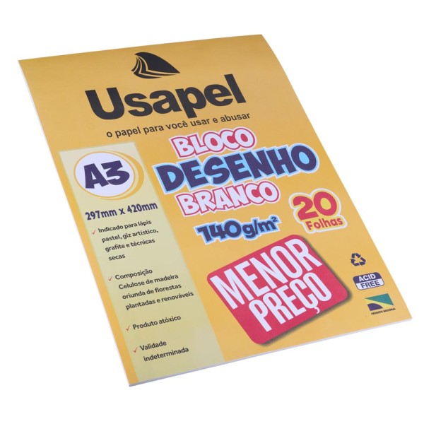 Encontraproduto.com.br - Bloco de Desenho Usapel A3 com 20 Folhas Branco 297x420mm 140g