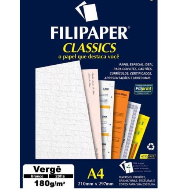 Encontraproduto.com.br - Papel Vergê Branco A4 180gr Com 20 Folhas - Filipaper