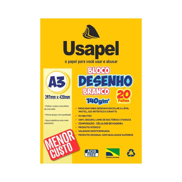 Bloco P/ Desenho Branco A3 140g 20fl - Usapel