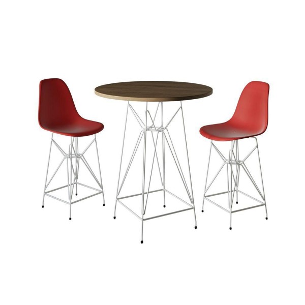 Encontraproduto.com.br - Jogo Mesa Bistrô Eames Tampo Amêndoa 60Cm 2 Banquetas Vermelha Base Ferro Branco - Cor: Amendoa