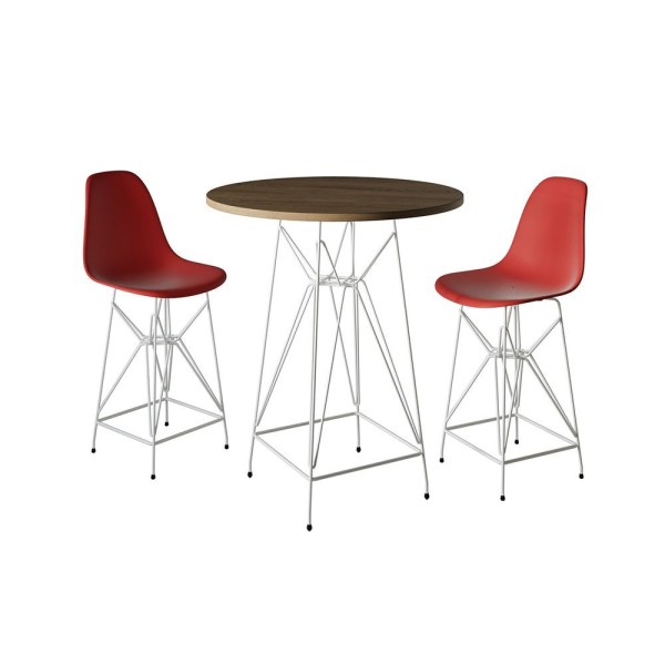 Encontraproduto.com.br - Jogo Mesa Bistrô Eames Tampo Amêndoa 60Cm 2 Banquetas Vermelha Base Ferro Branco - Cor: Amendoa