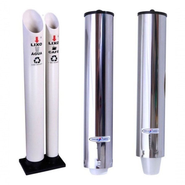 Encontraproduto.com.br - Kit Lixeira Dupla C/ Suporte Copo Descartável Água Café Inox