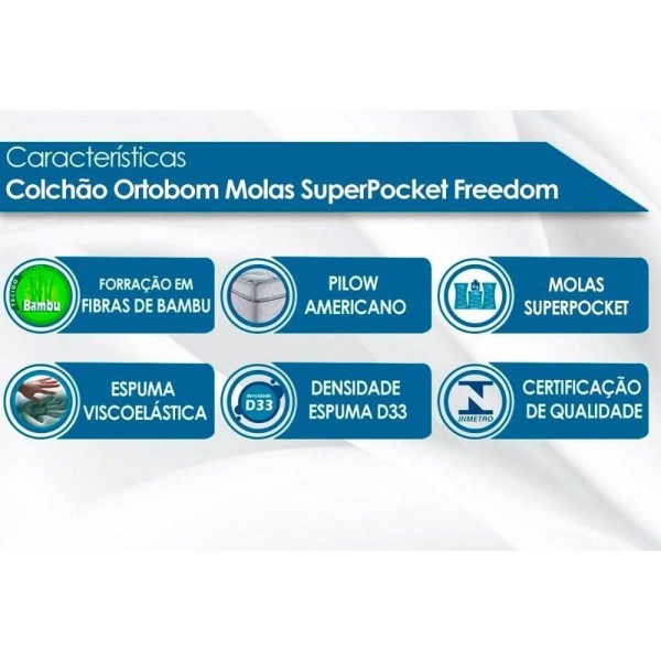 Encontraproduto.com.br - Colchão Solteiro Molas Ensacadas Visco Superpocket Freedom Ortopillow (88x188x32) - Ortobom
