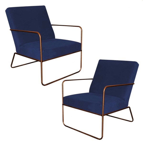 Kit 02 Poltronas Cadeira Malta Decorativa Sala Aramado Bronze Corino Azul Marinho - Ahazzo Móveis