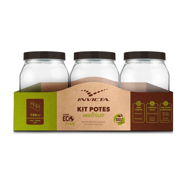 Encontraproduto.com.br - Conjunto de Potes para Mantimentos Invicta Liso 3 Peças 750ml Preto