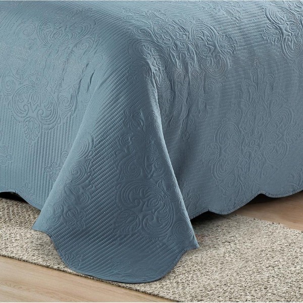 Encontraproduto.com.br - Colcha Dupla Face Casal Camesa Damask Em Poliéster 150 Fios Com 3 Peças Azul