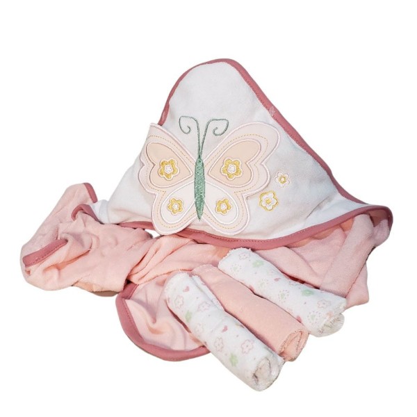 Encontraproduto.com.br - Kit Toalha Infantil Com Capuz E Toalha De Boca Borboleta Rosa Camesa