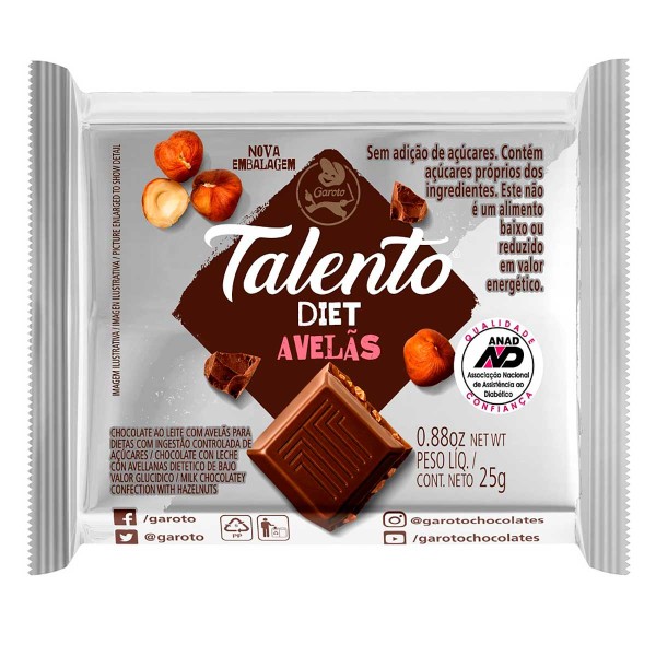 Chocolate Talento Garoto Diet Avelã 25g