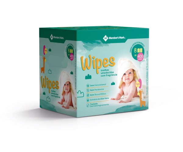 Toalhas Umedecidas Com Fragrância Wipes Members Mark Pack com 8 Pacotes de 50 Unidades Cada