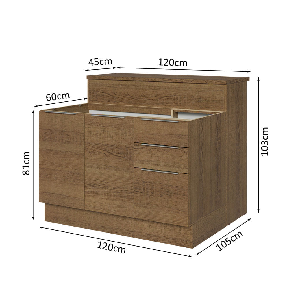 Encontraproduto.com.br - Ilha de Cozinha com Bancada e Balcão 120 cm Rustic Stella Madesa