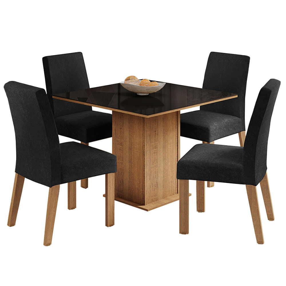 Encontraproduto.com.br - Conjunto Sala de Jantar Mesa Tampo de Vidro 4 Cadeiras Rustic/Preto Oxford Evelin Madesa