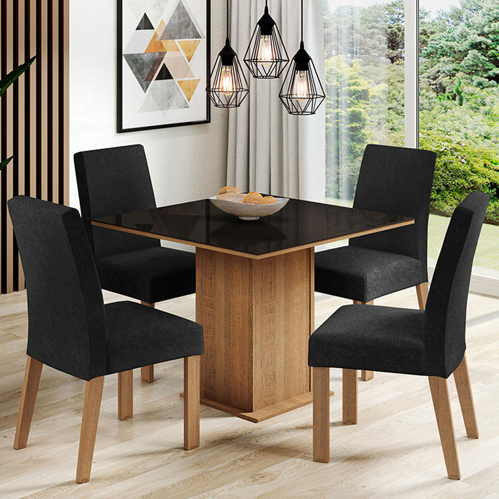 Encontraproduto.com.br - Conjunto Sala de Jantar Mesa Tampo de Vidro 4 Cadeiras Rustic/Preto Oxford Evelin Madesa